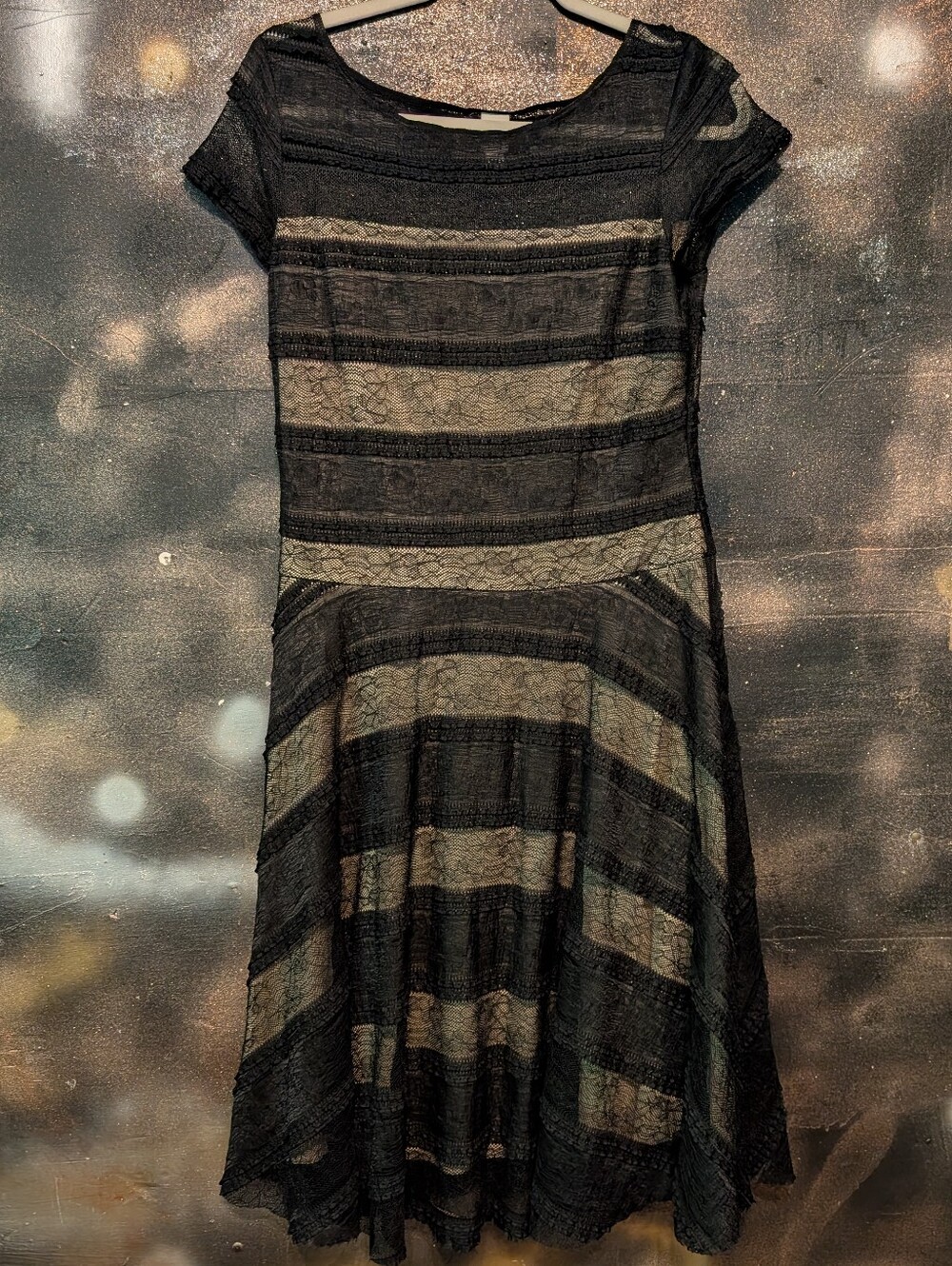 Signature by Sangria Black Lace Striped Midi Dress